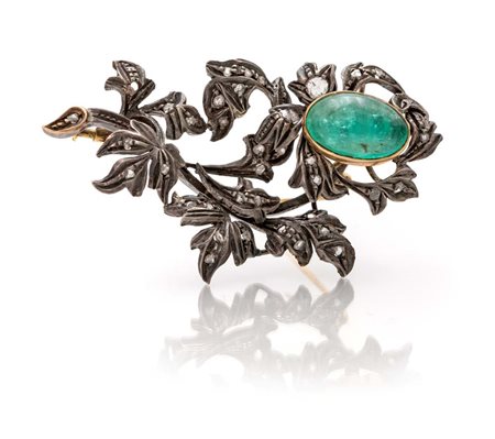 Spilla a fiore en tremblant in oro, argento, diamanti e smeraldo cabochon Oro...