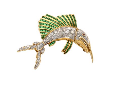 Spilla Blue Marlin in oro, brillanti e smeraldi Oro giallo 750/000. Diamanti...
