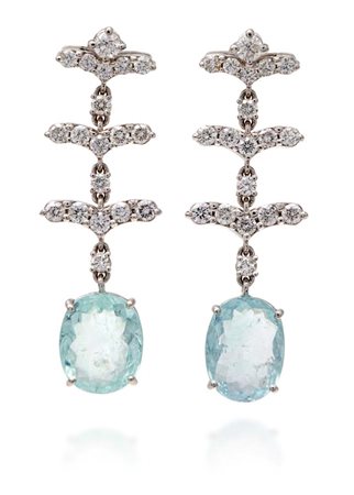 Coppia di orecchini pendenti in oro brillanti e tormaline Paraiba Oro bianco...