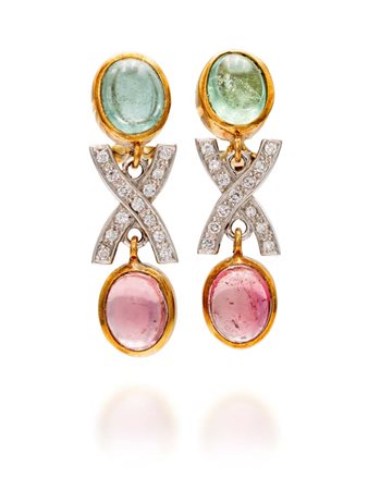 Coppia di orecchini tormaline e brillanti Oro giallo e bianco 750/000. Peso...