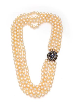 Collana di perle, oro, argento, diamanti e zaffiri Oro giallo 750/000,...