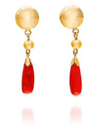 Coppia di orecchini pendenti in oro e corallo Oro giallo 750/000. Peso...