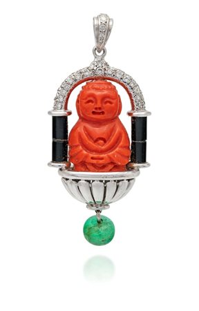 Pendente in oro, corallo, brillanti, onice, smeraldo Oro bianco 750/000. Peso...