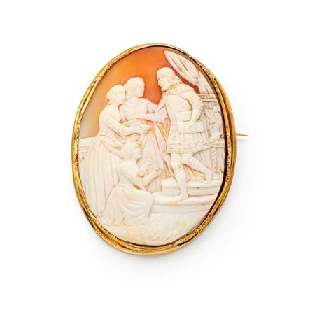 Cammeo in conchiglia ed oro Oro 585/000. Raffigurante fine scena d'interno....