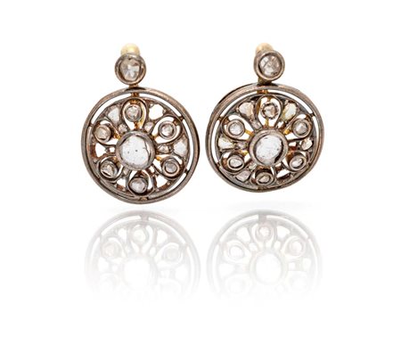 Orecchini antichi a bottone in oro, argento e diamanti in taglio rosa Oro a...