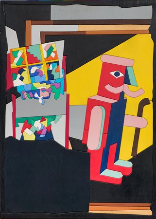 Ugo Nespolo (Mosso (Bi), 1941) L'omino coi baffi Acrilico su legno, cm 70x50...