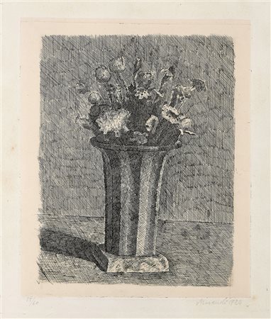 Giorgio Morandi (Bologna, 1890 - 1964) Vaso a strisce con fiori, 1924...