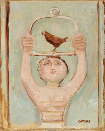 Massimo Campigli (Berlino, 1895 - Saint-Tropez, 1971) Donna con gabbietta,...