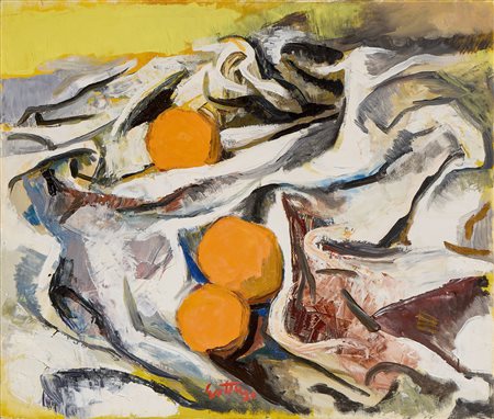 Renato Guttuso (Bagheria (Pa), 1912 - Roma, 1987) Arance e drappo, 1960 Olio...