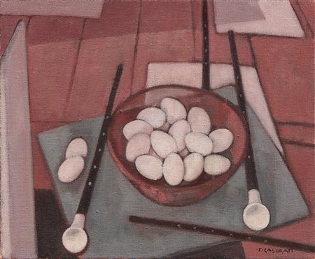 Felice Casorati (Novara, 1883 - Torino, 1963) Ciotola con uova e flauti,...