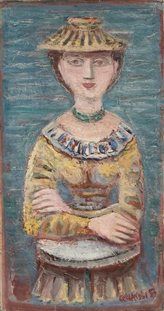 Massimo Campigli (Berlino, 1895 - Saint-Tropez, 1971) Donna al tavolino, 1956...
