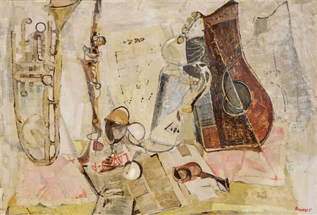 Fausto Pirandello (Roma, 1899 - 1975) Colazione e musica n. 5, 1952 ca. Olio...