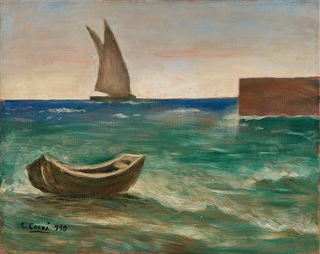 Carlo Carrà (Quargnento (Al), 1881 - Milano, 1966) Marina con veliero e...