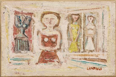 Massimo Campigli (Berlino, 1895 - Saint-Tropez, 1971) Donne e case, 1965 ca....
