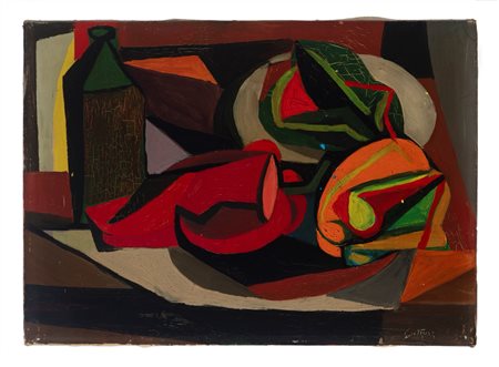 Renato Guttuso (Bagheria 1911 - Roma 1987)  - Natura morta con peperoni e bottiglia, 1947