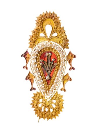  Modello di spilla sardo in oro 18k con microperle e smalto rosso