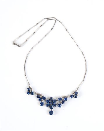 Collana in oro bianco ed argento con zaffiri e diamanti   