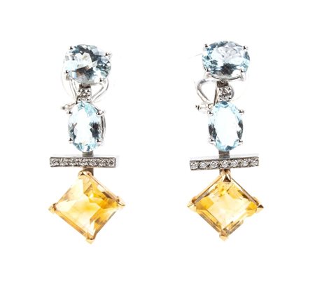  
Orecchini pendenti in oro con acquemarine, quarzi citrini e diamanti 
 