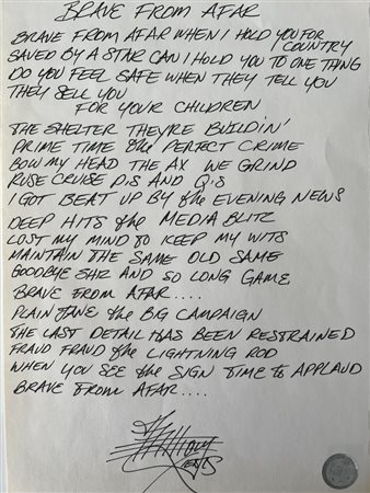 Red Hot Chili Peppers Brave From Afar Anthony Kiedis handwritten signed lyrics- GFA authenticated