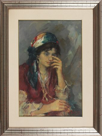 BIZZAI ALBERTO (1926 - 2004) Donna che prega. Olio su cartone. Cm 52,00 x...