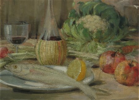 BIRAL ANGELO NINO Natura morta con pesce,vino, cavolfiore e mele. 1926. Olio...