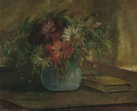 ANONIMO Natura morta con fiori e libro. Olio su tavola. Cm 47,00 x 33,00....