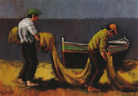 MASTROVITO OTTAVIA Coppia di pescatori. Olio su tela . Cm 69,00 x 49,50....