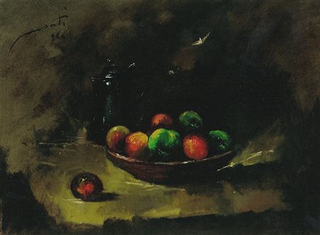MONTI CESARINO (1916 - 1979) Natura morta di frutta con brocca. 1966. Olio su...