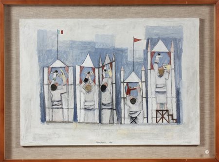 FRACALOSSI MARIANO (1923 - 2004) Convegno di Burattini. 1961. Olio su tavola....