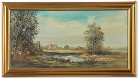 DEL GRECO RENZO Paesaggio con figura. 1980. Olio su tela . Cm 60,00 x 30,00....