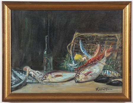 DEL GRECO RENZO Natura morta con pesce. 1968. Olio su tela . Cm 40,00 x...