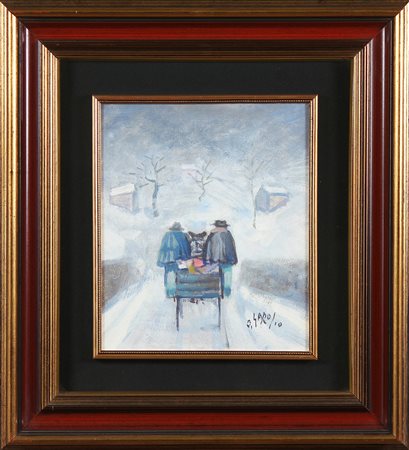 GAROSIO OTTORINO (1904 - 1980) Carretto nella neve. Olio su tavola. Cm 29,00...