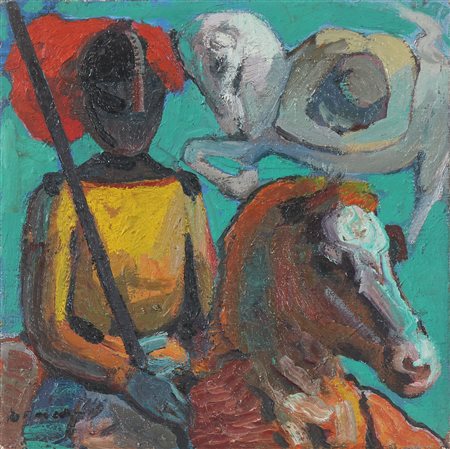 MONACO PASQUALE (n. 1947) Historie. Olio su tela . Cm 30,00 x 30,00. Firma in...