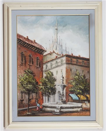 MANTEGANI EUGENIO (1929 - 2005) Milano piazza Fontana. Olio su tela . Cm...
