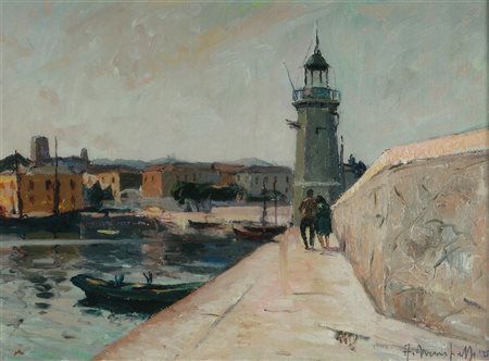 MUCCHETTI ANGELO (1912 - 1960) Paesaggio con faro e coppia che passeggia....