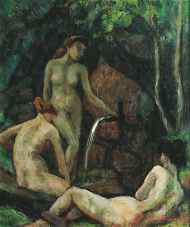 MUCCHETTI ANGELO (1912 - 1960) La fonte. 1950. Olio su tavola. Cm 36,50 x...
