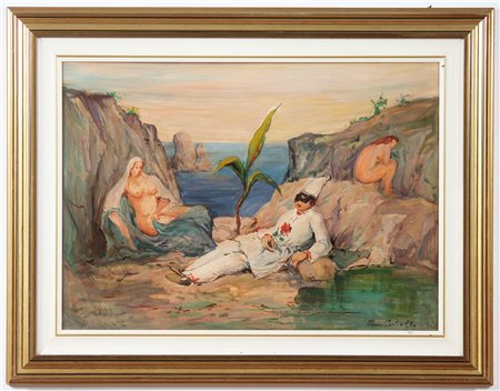 CORTIELLO MARIO (1907 - 1982) Pulcinella e bagnanti. Olio su masonite. Cm...