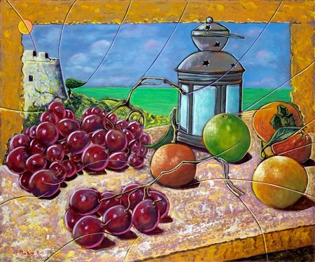 Piero Masia, Natura silente con lanterna, 2015, Acrilico su faesite, 50x60 cm