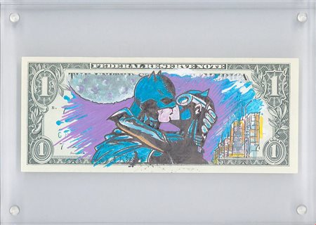 Money1st, Batman kiss, 2024, Acrilico su dollaro in teca di plexiglass, 13x18...