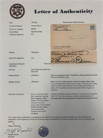 Thomas Edison signed letter holder. GFA authenticated