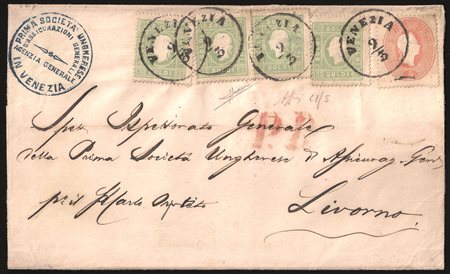 Antichi Stati Italiani - Lombardo Veneto - Bella lettera affrancata con s.5 rosso + quattro esemplari s.3 verde (33+35)