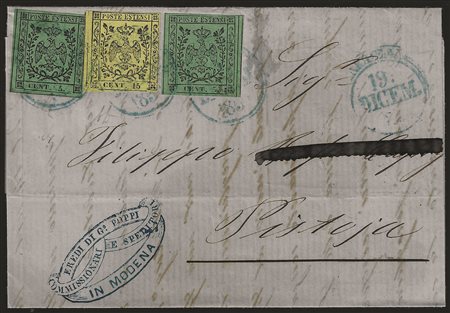 Antichi Stati Italiani - Modena - Lettera con affrancatura a bandiera c.15 giallo + due esemplari c.5 verde (3+7)