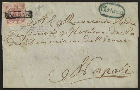 Antichi Stati Italiani - Napoli - Lettera con gr.2 rosa lillaceo (5a) con bollo in cartella ANNULLATO e a lato ovale azzurro di ARIANO