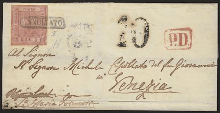 Antichi Stati Italiani - Napoli - Lettera con gr.5 carminio rosa (9) II tavola con bollo ANNULLATO in cartella da NAPOLI 16 NOV.1860