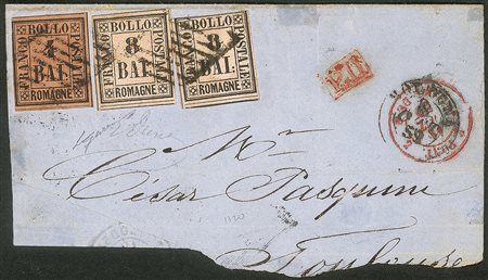 Antichi Stati Italiani - Romagne - Grande frammento di lettera con affrancatura bicolore composto da un 4 bai (5) più due 8 bai (8)