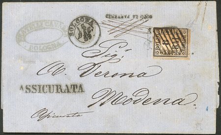 Antichi Stati Italiani - Romagne - Assicurata affrancata con 8 bai rosa (8) più un 5 bai violetto al retro (6)