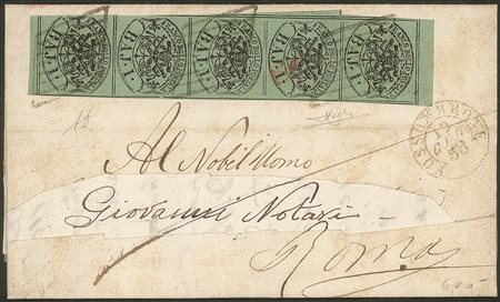 Antichi Stati Italiani - Stato pontificio - Striscia verticale di cinque del 1 baj verde grigiastro (2)