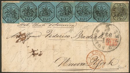 Antichi Stati Italiani - Stato pontificio - Striscia di tre più una coppia e un singolo del 7 baj azzurro (8) + 1 baj verde grigiastro (2)