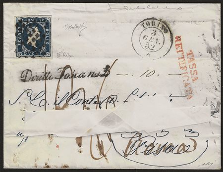 Antichi Stati Italiani - Sardegna - Lettera con parte dell'indirizzo asportato, affrancata con c.20 azzurro (2) del III riporto