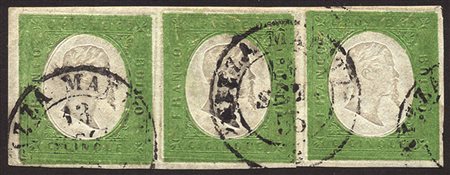 Antichi Stati Italiani - Sardegna - Striscia orizzontale di tre c.5 verde giallo (7)